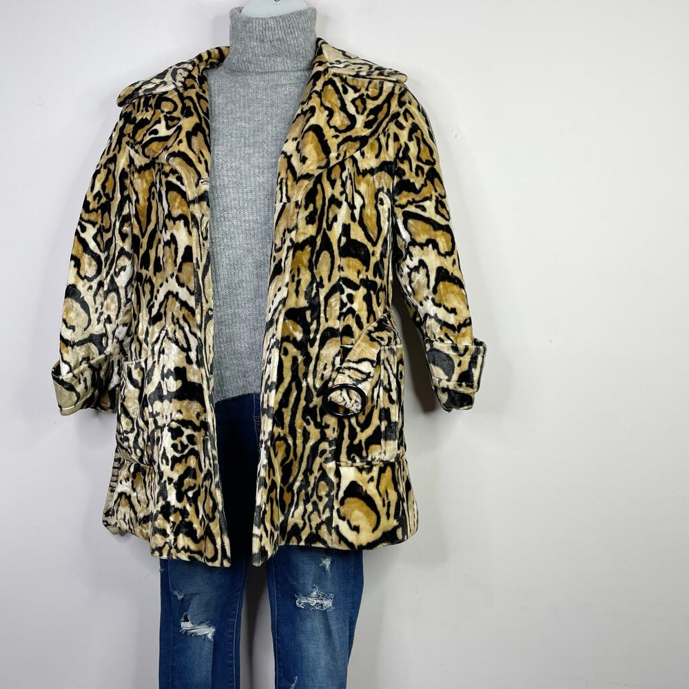 Vintage 60s 70s Glenbrooke Mod Velvet Faux Fur Leopard Ocelot Belted Jacket Coat - Picture 9 of 16